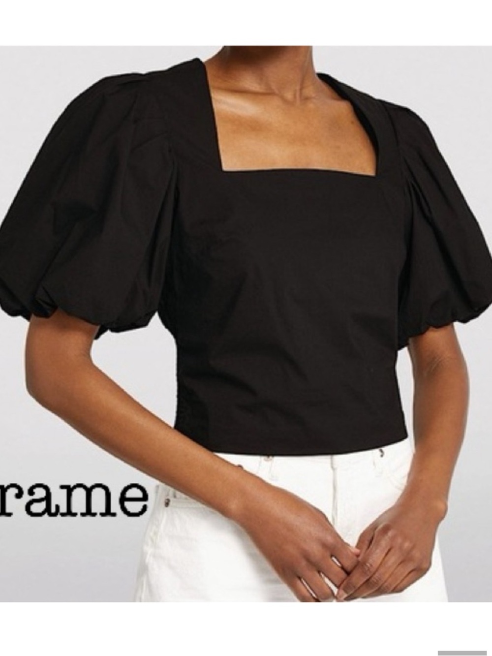 Frame Nina Black Puff-Sleeve Square-Neck Blouse